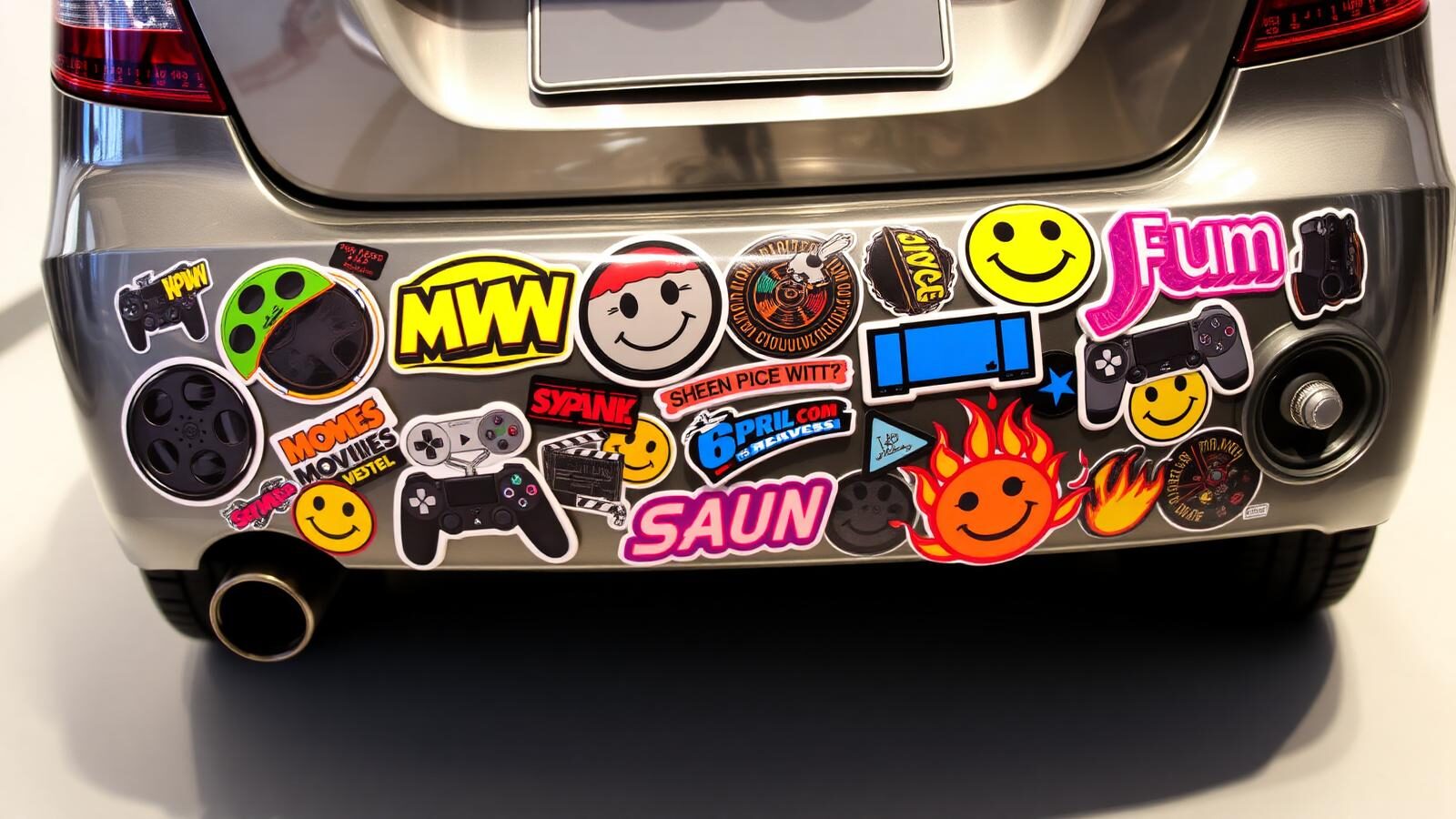 Bumper stickers on a chrome car bumper
